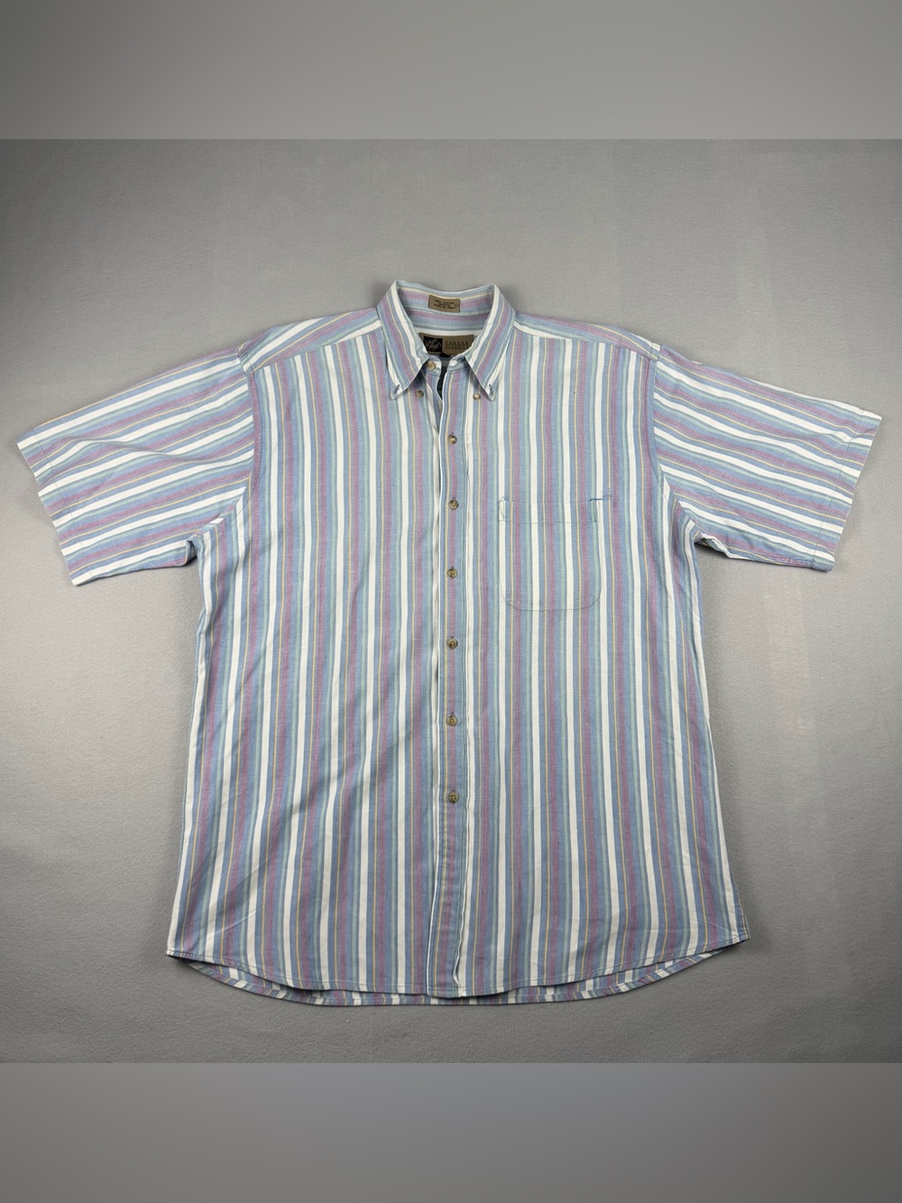 Vintage Short-Sleeve Pastel Stripe Button-Down Shirt - Multicolor